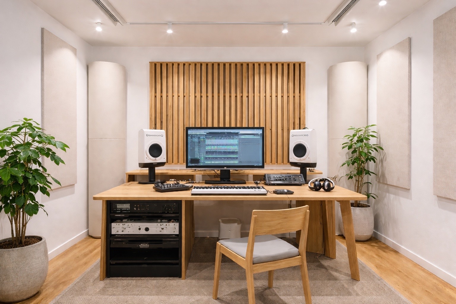 Heller akustischer Studioraum mit Holz, Lautsprechern, Monitor und Pflanzen